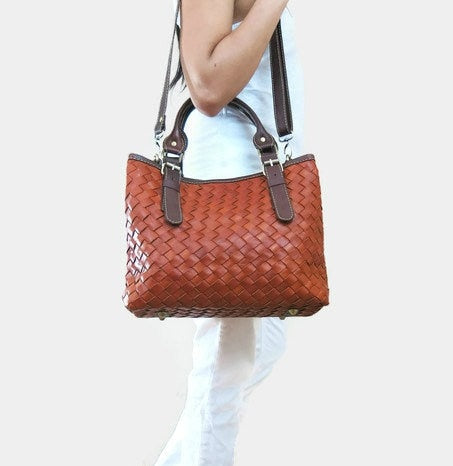 Tan Hand Woven Leather Bag Two Toned