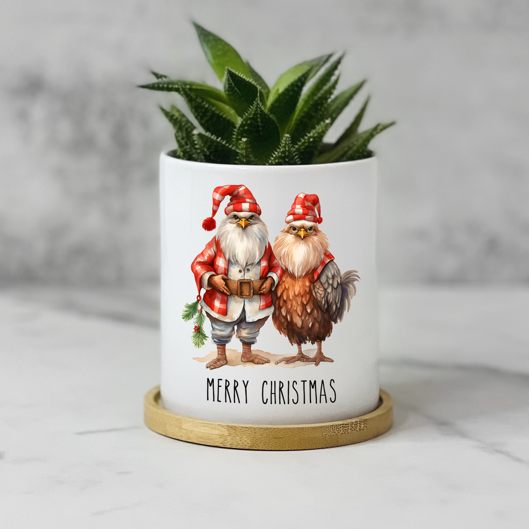 Chicken Couple Christmas Merry Christmas Planter