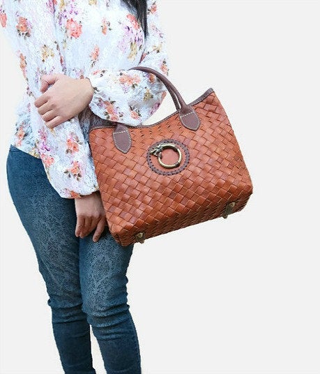 Tan Hand Woven Leather Bag With Attitude