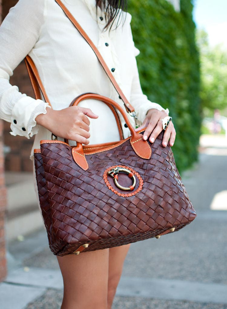 Artisan hand hotsell crafted brown bison leather handbag with tan weave accents