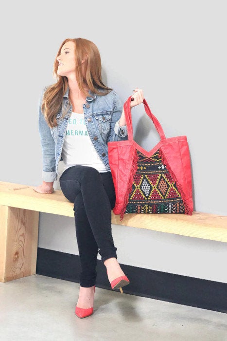 Red Leather Tote With Fringe