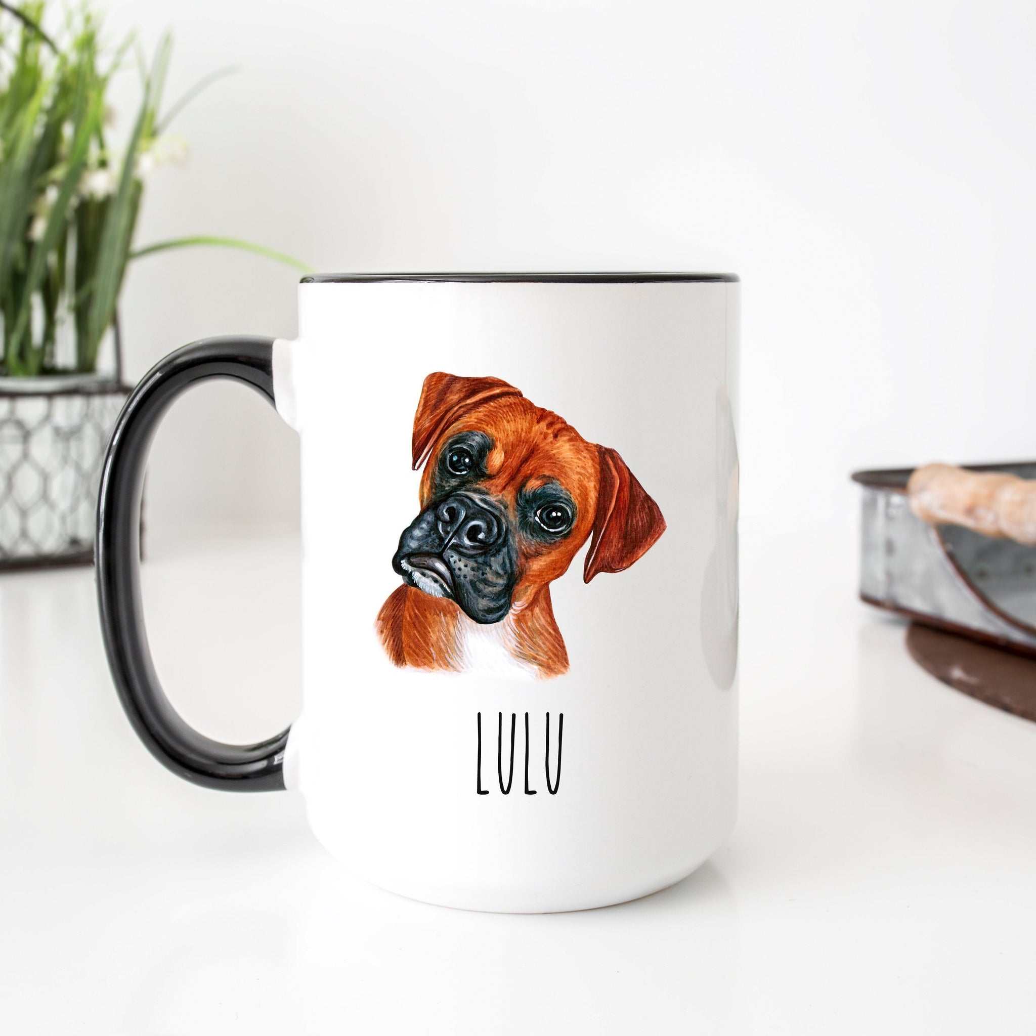Boxer Dog Face Personalized Coffee Mug  Pine and Pineapple